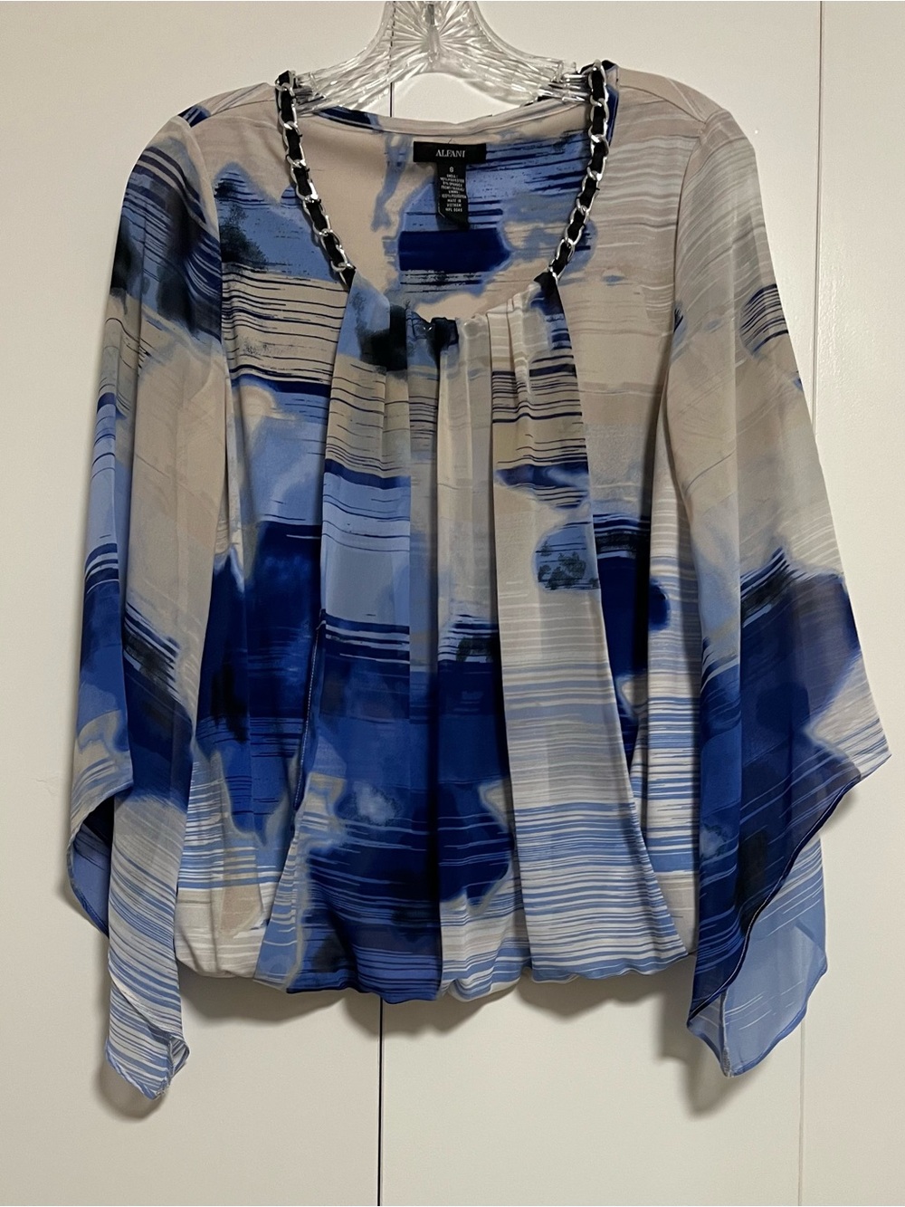 Alfani Women's Blue White Abstract Chain Trim Sheer Bell Sleeve Top Bubble Hem